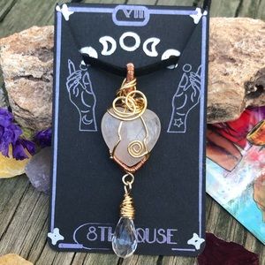 Wire Wrapped Rose Quartz Heart Shaped Dangle Briolette Necklace